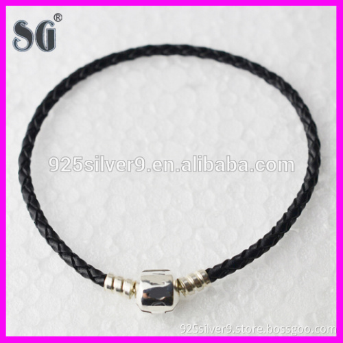 925 Sterling Plated Silver Clasp Rope Chain European Charms Leather Bracelets